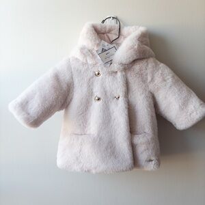 Tartine et Chocolat Plush Double-Breasted Hooded Coat in Pale Pink
